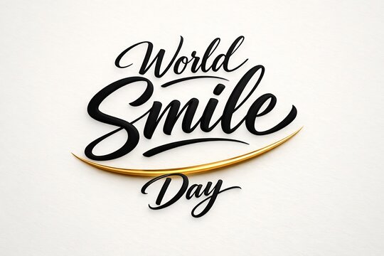 Smile day typography with black script lettering and a curved golden line on a textured off-white paper background surface