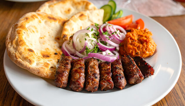 Delicious Balkan Cevapi Platter with Flatbread and Dip.