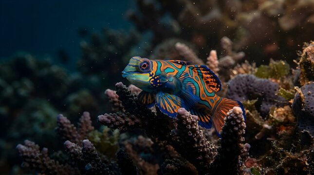 Colorful Mandarin Dragonet Fish Swimming Over Coral Reef Underwater