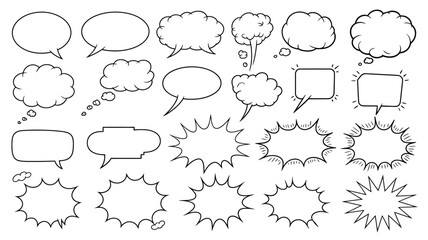Fototapeta premium A large assortment of comic book speech bubbles, thought clouds, and explosion bursts with black outlines on a white background, for various dialogue needs