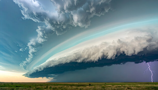 Dramatic Shelf Cloud Formation with Lightning Strike Over Plains.