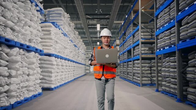 Front View of Asian Male Engineer Use Computer While Walking at Warehouse storage with stacked white sacks
