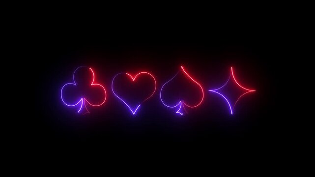 Poker and casino. Neon line suit playing cards icon on black background. Neon spade playing card symbol glowing animation motion graphics.