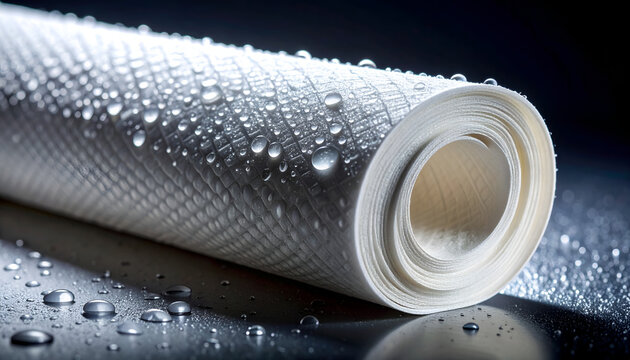 Close-up of a Rolled Water Filter Membrane with Water Droplets.