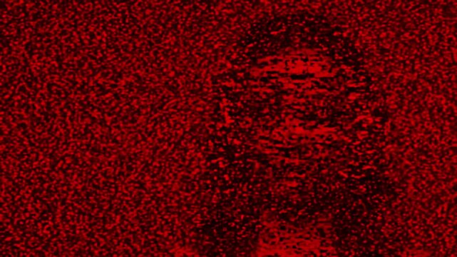 A disturbing, highly corrupted digital glitch face of a woman stares forward, blending into a deep red electronic static noise background. Featuring chromatic aberration and pixelated artifacts, this 