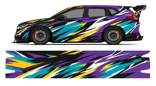 Colorful racing car with vibrant abstract wrap design.