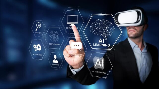 A professional man engages with advanced AI technology through a virtual reality headset, exploring data visualizations and digital interfaces in a modern workspace. Raster