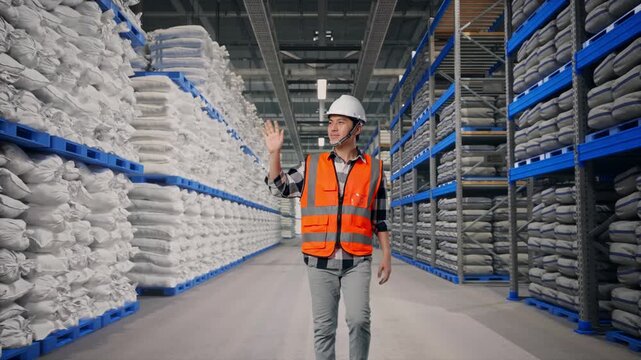 Front View of Asian Male Engineer Waving Hand Saying Bye While Walking at Warehouse storage with stacked white sacks
