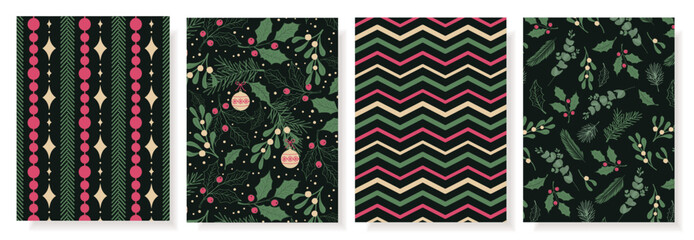 Fototapeta premium Christmas seamless pattern set with holly, zigzags, ornaments and winter foliage in dark green, pink and cream, festive repeat for wallpaper, textile, wrapping paper and holiday decor.
