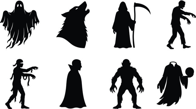 Halloween spooky monster silhouette icon set featuring ghost werewolf grim reaper zombie mummy vampire goblin and headless horseman