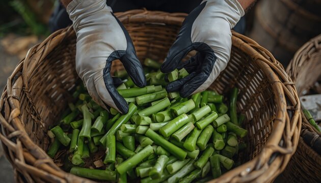 Organizing Chopped Giloy Vine Segments in Bamboo Basket