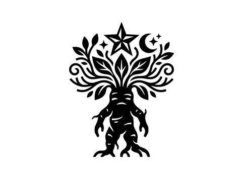 Mystical Mandrake Plant Creature Silhouette with Star and Moon