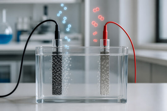 Water electrolysis experiment showing hydrogen and oxygen bubbles