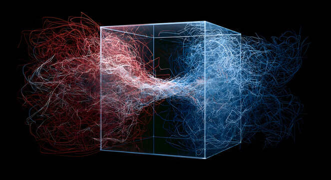 A chaotic mix of red lines enters a glass cube, where they eventually organize into blue lines, illustrating data processing and filtering