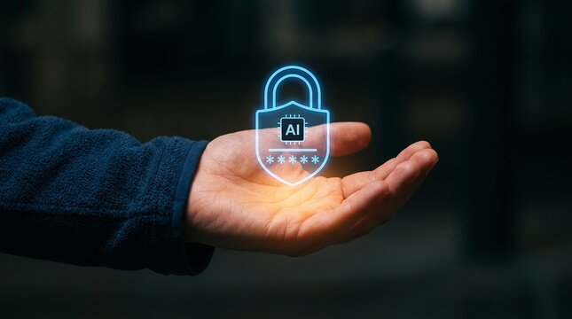 Businessman displays a glowing artificial intelligence padlock hologram to symbolize modern data encryption standards.