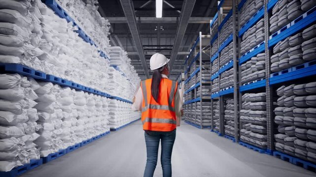 Back of Asian Female Engineer Looking At Blueprint In His Hands While Walking at Warehouse storage with stacked white sacks