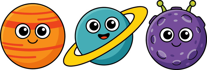 Cute Cartoon Planet Character Vector Set with Happy Smiling Space Elements and Celestial Icons for Children Education, School Posters, and Kids Graphic Designs © amzad