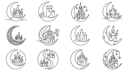 Magical Castle on Crescent Moon Collection Icons, Fairytale Fantasy Line Art © Fajar
