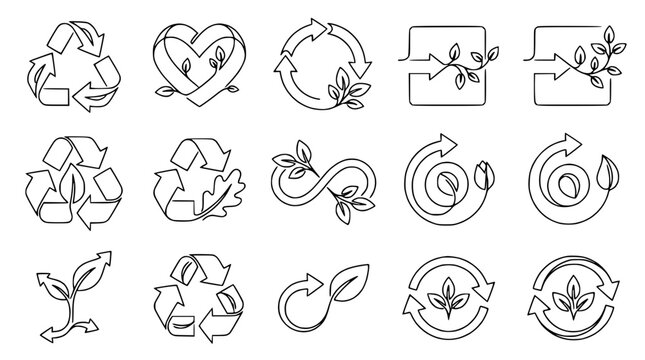Eco-friendly symbols: recycling, nature, sustainability, organic, continuous line art