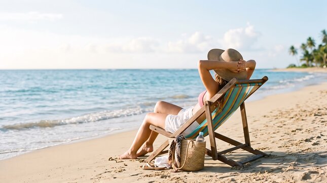 Woman relaxing on a beach lounge chair overlooking the tropical ocean at sunset