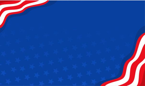 Blue background with star patterns, wavy red and white stripes in the corner, perfect for patriotic or holiday themes. Suitable for backgrounds or designs.