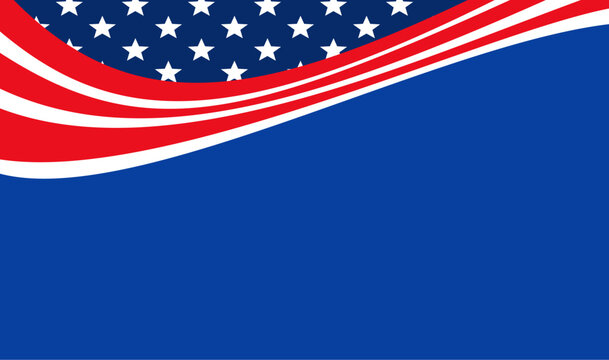 Abstract American flag design featuring stars, stripes, and a flowing wave against a vibrant blue background, offering copy space.