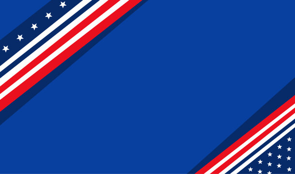 Blue background featuring diagonal red, white, and blue stripes with white stars, creating a patriotic American design.