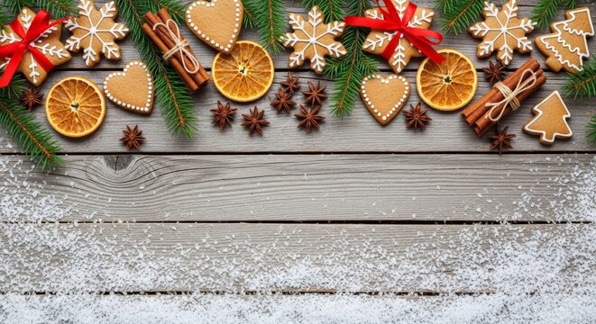 Cozy Christmas flat lay with gingerbread cookies dried oranges and cinnamon on rustic grey wood planks with snow