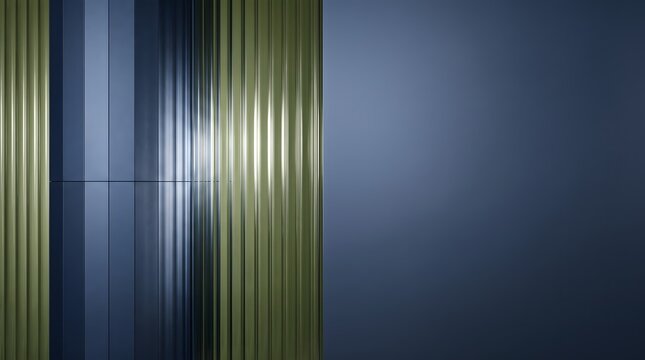 Elite industrial design abstract material backdrop capturing a sharp vertical intersection of matte navy blue anodized aluminum and translucent olive green fluted glass with detailed linear shadows an