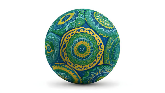 Decorative green soccer ball with ornamental circular pattern isolated on white background.