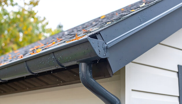 Close-up of a dark gray gutter system on a residential house roof.
