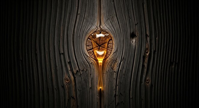 Detailed shot of dark vertical timber with a translucent bead of golden pine resin oozing from a central knot under focused lighting