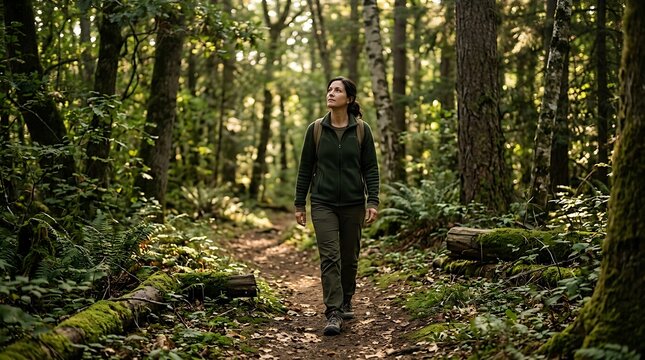 A thoughtful young woman hikes alone along a dirt trail through a dense, lush green forest, looking up at the tall canopy and enjoying a peaceful scenic outdoor adventure in pristine nature.