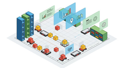 Fototapeta premium Isometric Data Center Infrastructure with Digital Network Nodes and Analytics Interface.