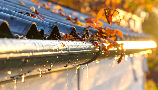Close-up of a clogged gutter filled with autumn leaves and dripping water.