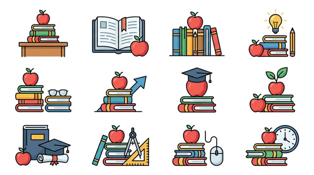 Collection of educational icons featuring books apples and graduation caps.