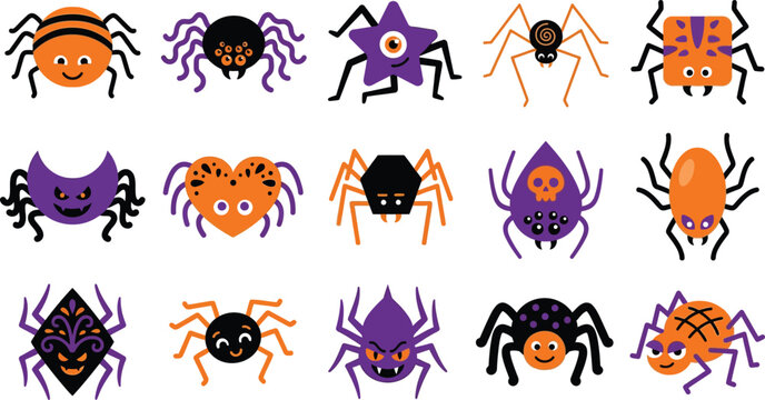 Set of cute and spooky Halloween spider icons in various shapes