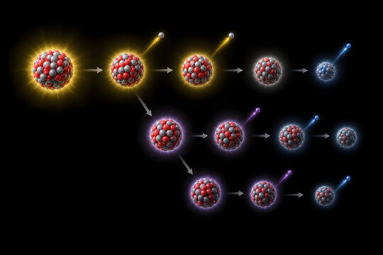 Radioactive decay chain of glowing atomic nuclei