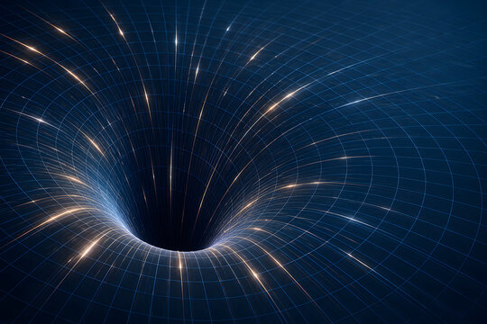 Glowing spacetime funnel drawing light into dark center