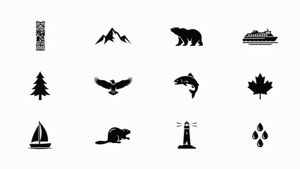 Minimalist black and white icons showcase nature wildlife and travel adventure themes for branding © Soma