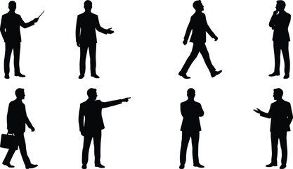 Collection of business professional silhouettes in formal suits showing diverse corporate poses, gestures, and body language isolated on white © It's Bishaaaaaal
