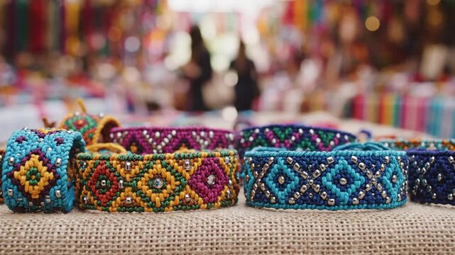 Colorful Woven Bracelets with Beads Displayed at a Market