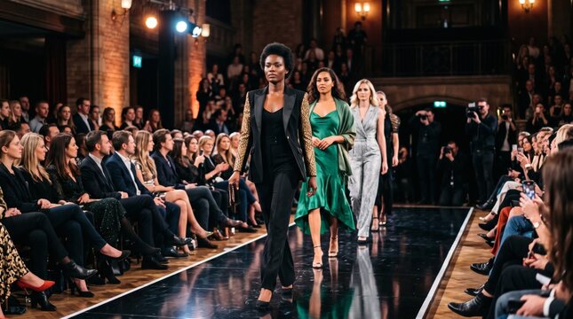 Models walk down a fashion runway in front of an audience at a glamorous fashion show event