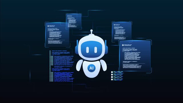 Futuristic AI workflow automation pipelines with ai agent assistant, coding panels and processing flow system, looped animation