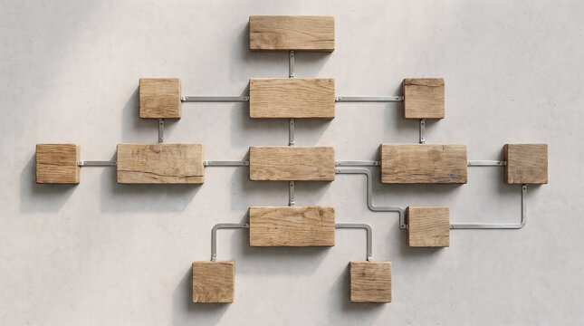 A unique rustic wooden diagrama de flujo structural network display wall art made of reclaimed oak timber blocks connected by modern polished metal bars