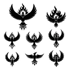 Naklejka premium Collection of Black Phoenix Silhouettes with Flames, Vector Illustration