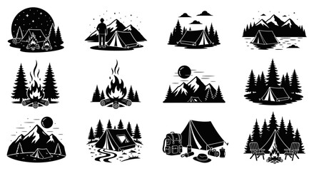 Obraz premium Camping and Campfire Vector Icons: Nature, Adventure, and Outdoor Lifestyle