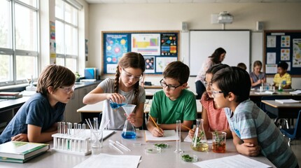 Obraz premium Elementary school students engaged in a science experiment with colorful liquids in a bright classroom setting