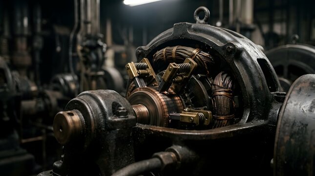 Antique electrical generator close up with copper windings and brass brushes