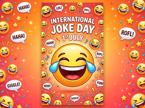 Colorful and cheerful international joke day celebration poster with laughing emojis and fun text design